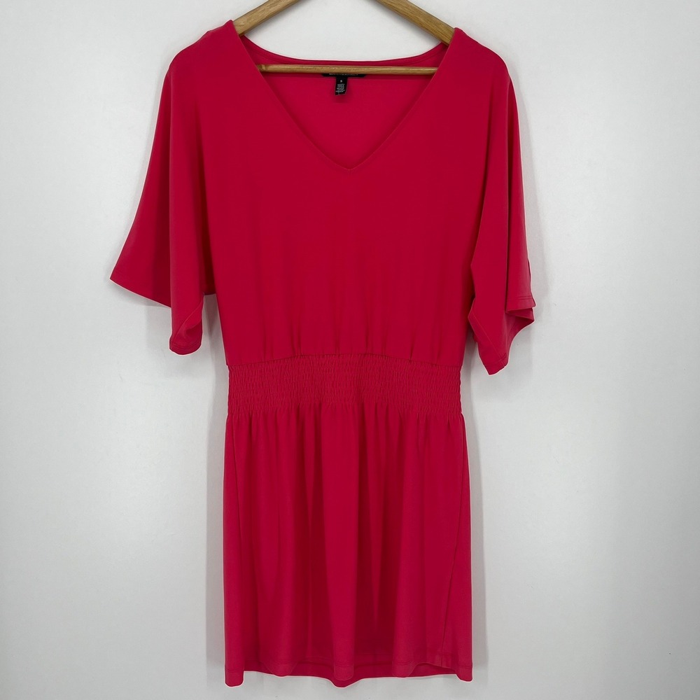 White House Black Market Pink Flutter Sleeve Smocked Waist V-Neck Dress Small